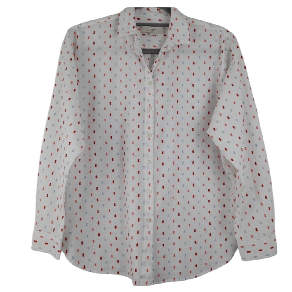 LOFT SWISS KNOT BUTTON DOWN LONG SLEEVE EMBROIDERED LONG SLEEVE SHIRT.